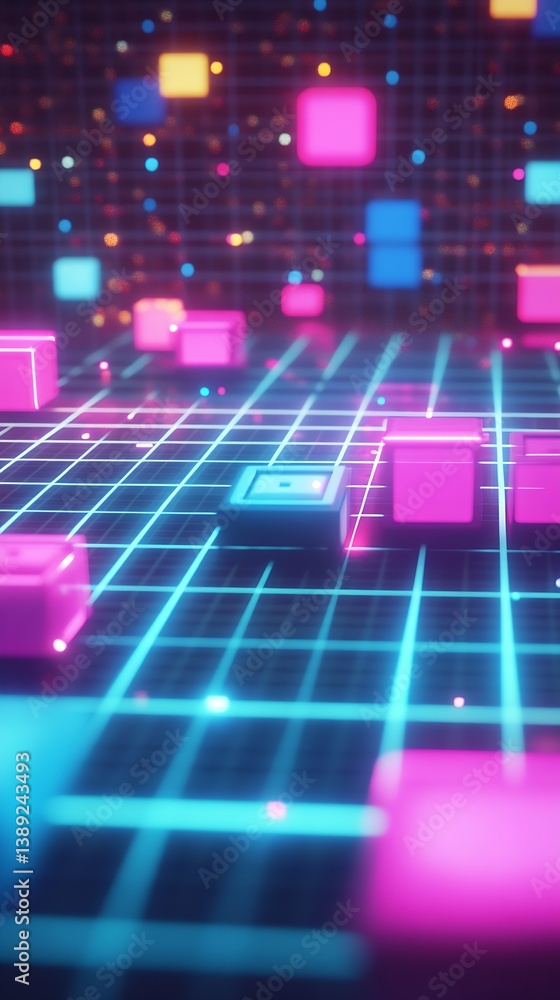 Poster Colorful floating cubes in a grid pattern against a dark background creating a captivating digital effect : Generative AI