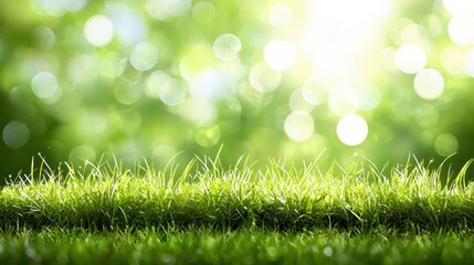 Obraz premium Lush green grass illuminated by soft sunlight, creating a serene and vibrant atmosphere that connects with nature's beauty.