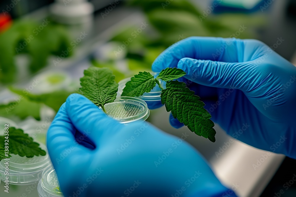 Poster hands in blue gloves examining fresh plant leaves in laboratory for research and testing : generativ
