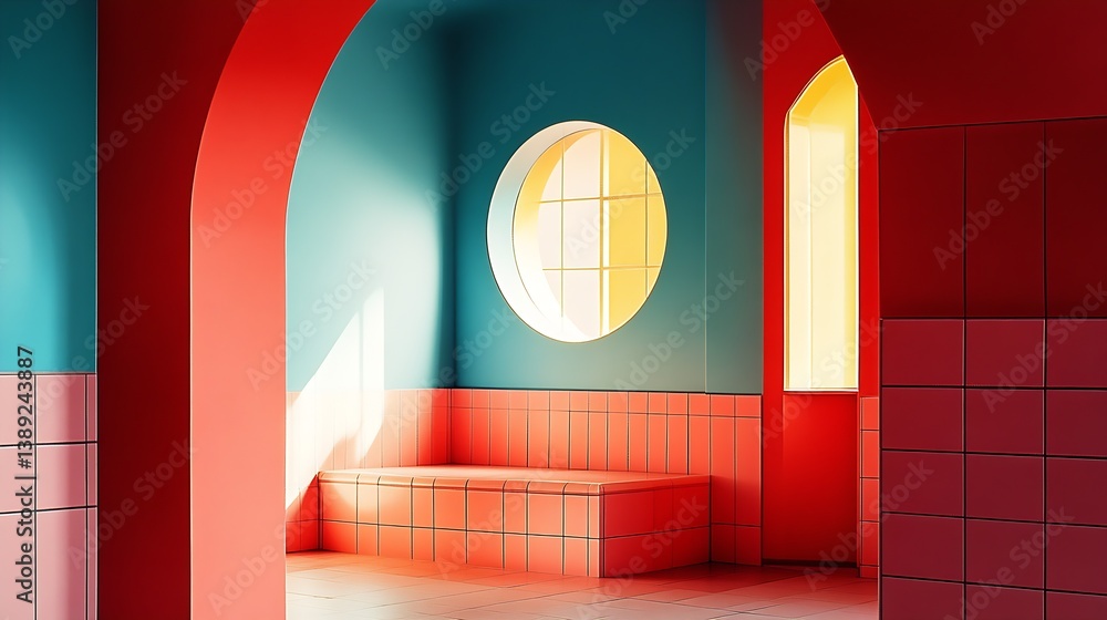 Poster vibrant interior design featuring geometric shapes and colorful walls in modern space : generative a