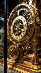 Ornate golden clock mechanism in museum display case