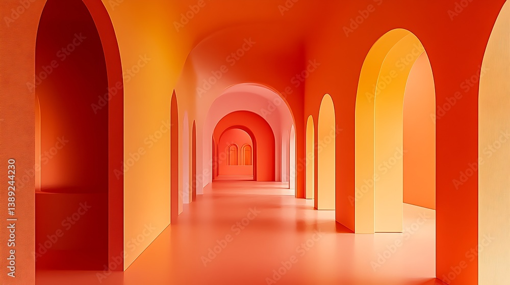 Poster artistic corridor filled with soft orange tones and arches creating a surreal depth and ambiance in 