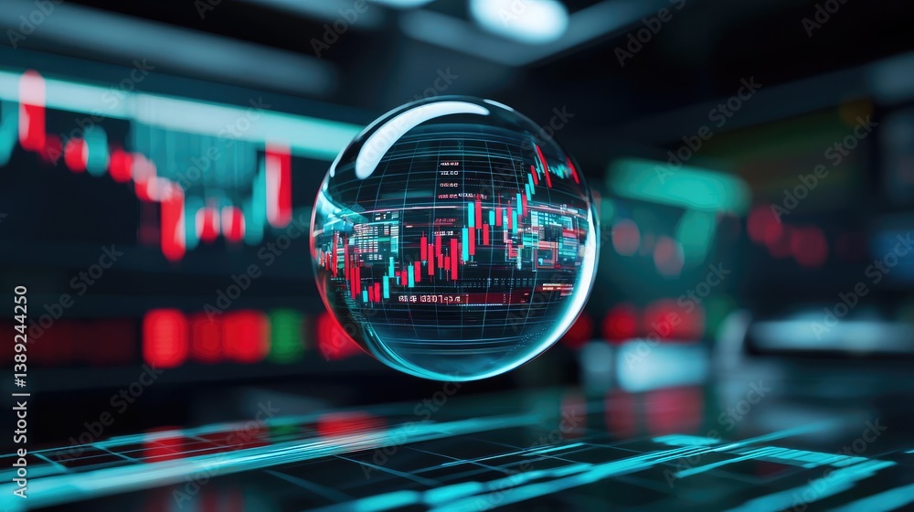 Poster candlestick in crystal globe forecasting stock market growth concept. crystal ball on a digital trad