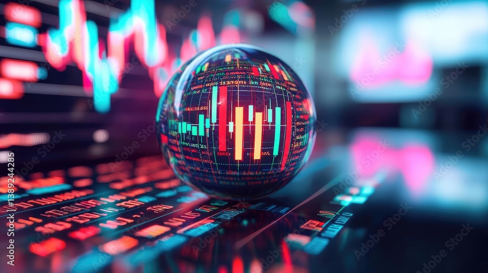 Poster candlestick in crystal globe forecasting stock market growth concept. abstract data visualization wi