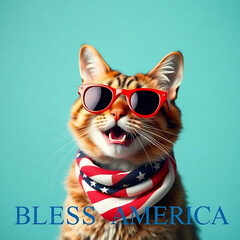 Naklejka premium Fourth of July cat with American flag accessories and Bless America' message Created by Generative AI