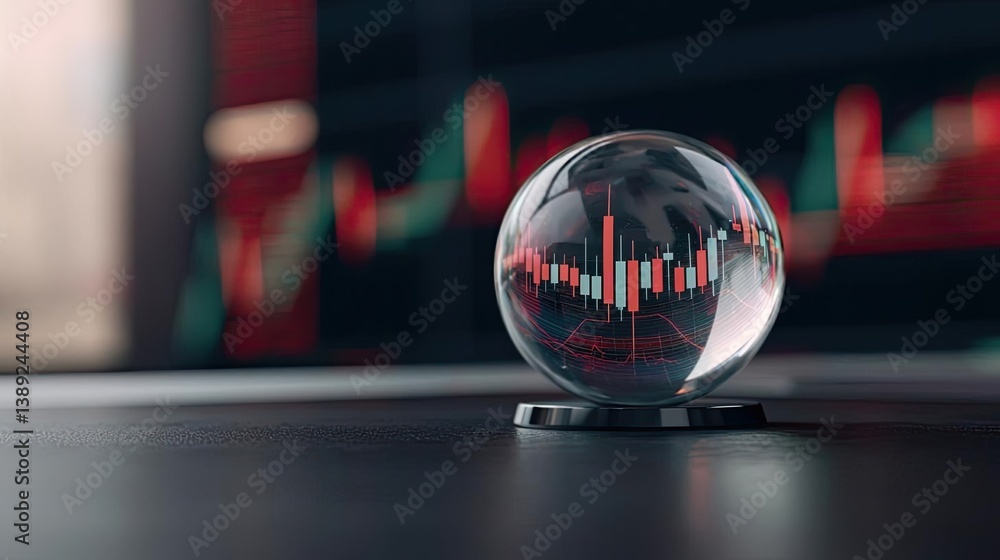 Poster candlestick in crystal globe with stock market prediction concept. crystal globe on a chart represen