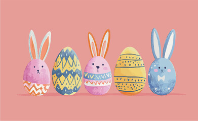 Easter Vector Illustration, Easter eggs, bunnies, ears, cute vector illustration for flyer card background graphic design, apricot beige pink blue yellow patterns funny adorable bunny rabbits