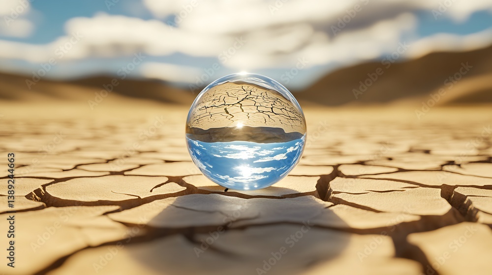 Poster impressive orb on dry ground reflecting clouds and the clear blue sky in the distance : generative a