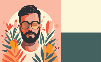 Hipster man with beard glasses, graphic element vector illustration graphic design flyer web copyspace olive green beige orange floral botanical hippie hip man portrait flowers gardening plants nature