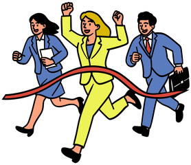 Illustration of business people running towards and crossing a finish line. The central figure celebrates victory, representing the culmination of hard work, dedication, and achieving business objecti