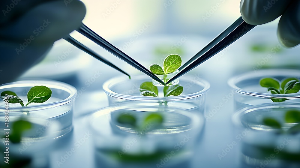 Poster precision handling of young plant sprouts with tweezers in a laboratory for advanced plant research 