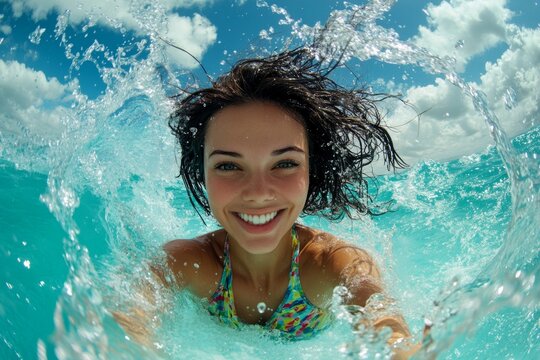 Pretty happy and sexy young woman with gorgeous thick short black hair in multi-color tight t-shirt enjoying turquoise sea, splashes around her. Hot summer beach scene. Bright &Ntilde;ommercial style.