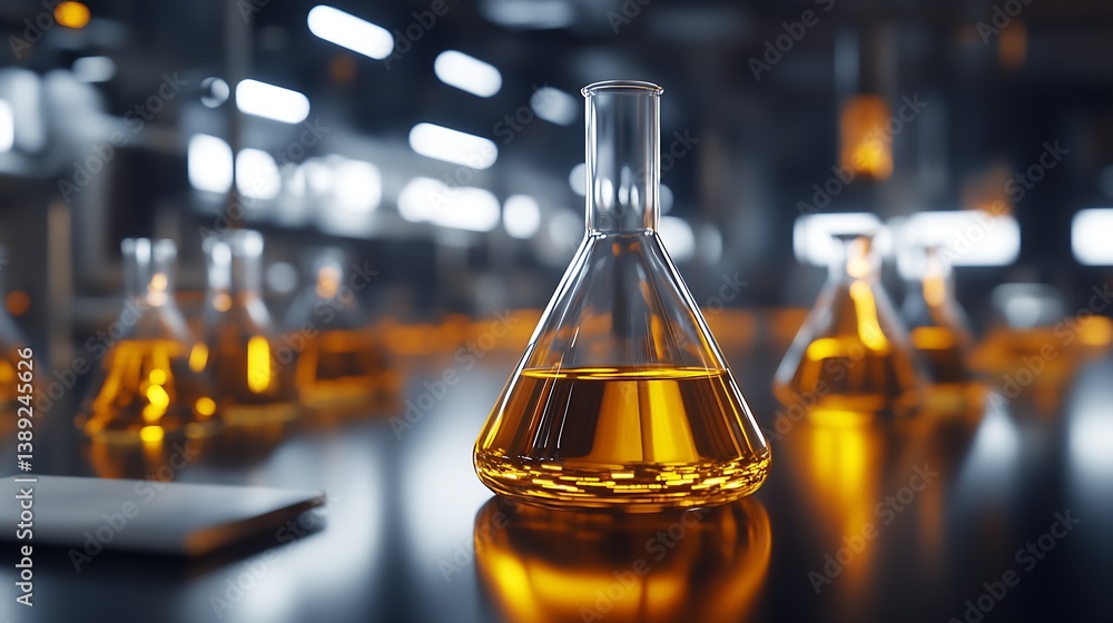 Aufkleber warm amber liquid in a chemistry flask with blurred laboratory background showcasing scientific rese
