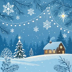 Winter wonderland landscape with a cozy cabin and snowflakes in a festive mood