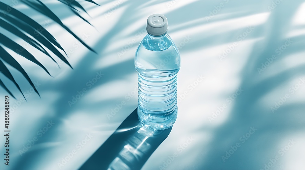 Poster transparent water bottle emphasizing hydration with soft shadows and a fresh background : generative