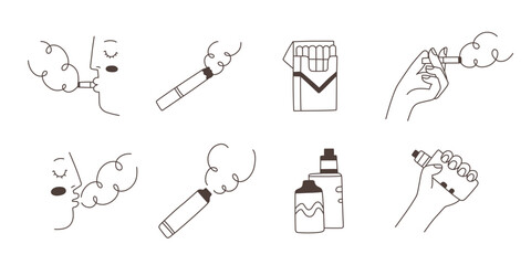 Cartoon doodle icons. Design elements for no smoking, no vaping signs. Vector illustrations of cigarettes and vapes. 