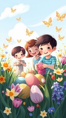 Joyful kids with rosy cheeks collect Easter eggs in a blooming garden, filled with pastel flowers and butterflies, under warm sunlight and a soft blue sky.