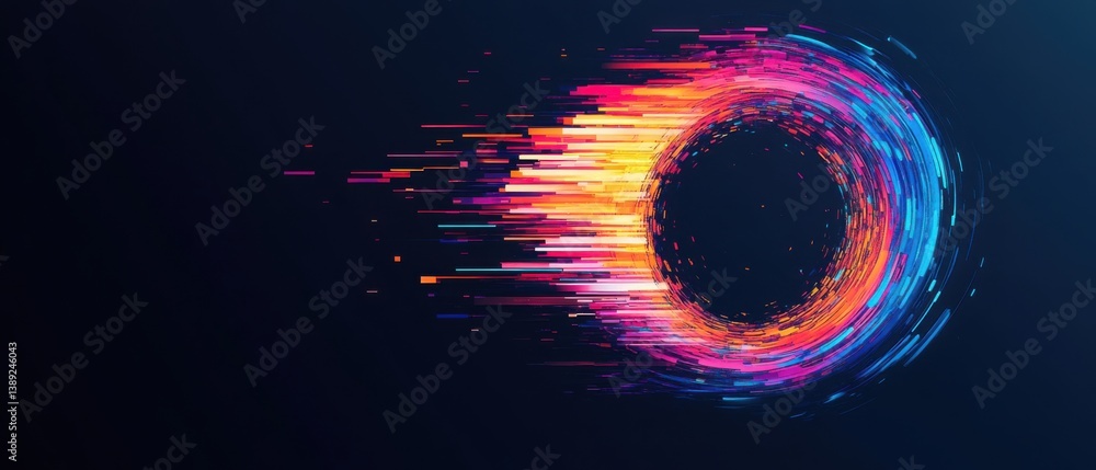 Poster abstract colorful circle with pixel stream effect on dark background concept of data flow, technolog
