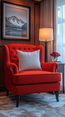 Red Armchair with White Pillow in Elegant Living Room Interior Setting