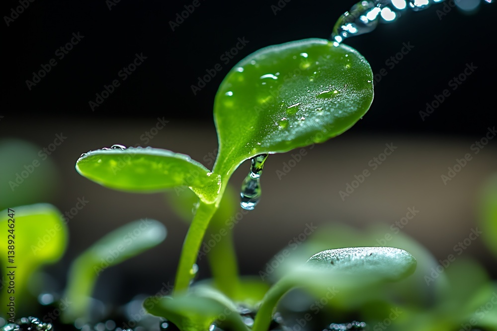 Aufkleber Macro View of a Watered Green Seedling with Droplets Sparkling in Bright Natural Light Showing Growth : Generative AI