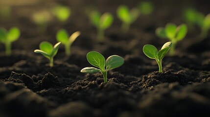 Close up of young green plants emerging from rich dark soil in a beautiful garden : Generative AI