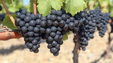 Fototapeta premium Bunches of dark grapes on vine