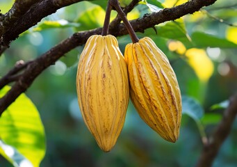 Two yellow cacao pods hanging from the tree, in a natural background, stock photo.