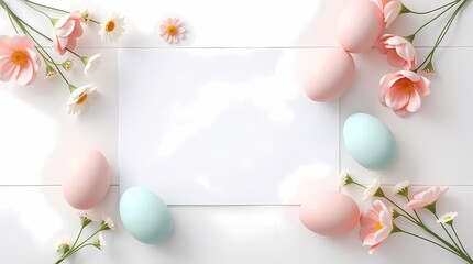 Pastel flat lay of pink, mint, and blue Easter eggs surrounding a blank white card on light wood. Soft shadows, floral touches, Ultra HD, clean layout perfect for text or branding
