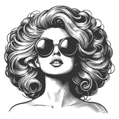 fashionable woman with voluminous hair wearing stylish sunglasses, exuding confidence and glamour sketch engraving generative ai raster illustration. Scratch board imitation. Black and white image.