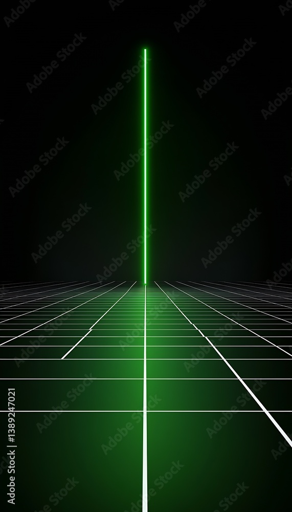 Poster minimalist illustration of vertical neon green beam illuminating the dark space with grid floor : ge
