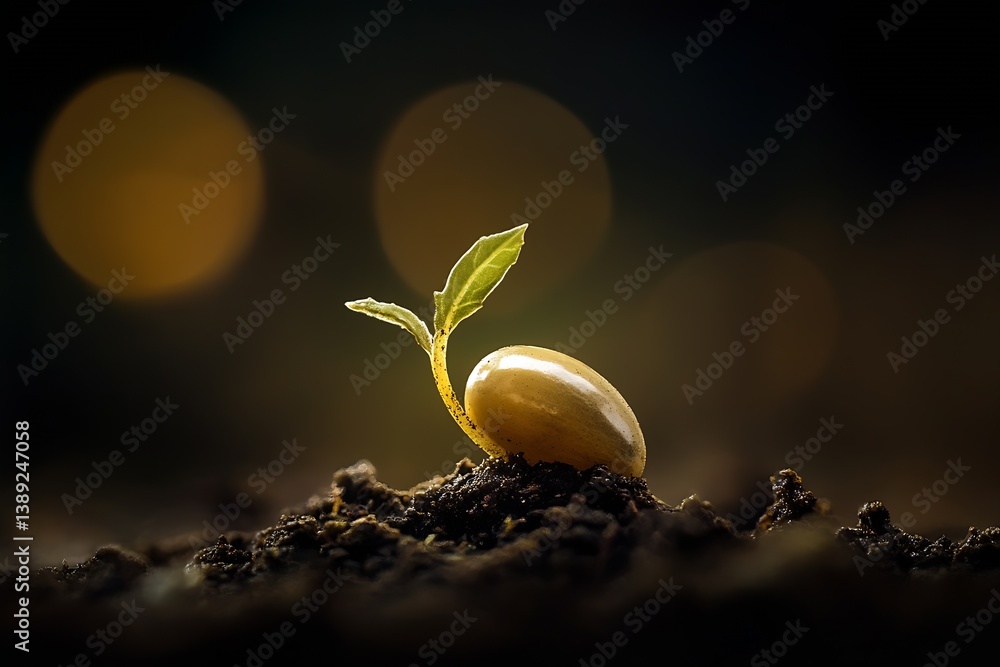 Aufkleber beautiful image of a sprouting seed breaking through the soil with delicate leaves against a blurred