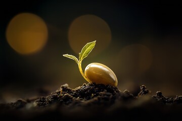 Beautiful image of a sprouting seed breaking through the soil with delicate leaves against a blurred background : Generative AI