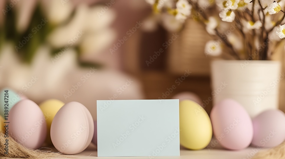 Poster delicate easter eggs in pastel colors accompanied by soft blooms and a blank card in a cozy environm
