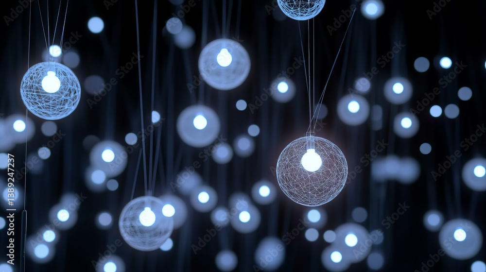 Poster illuminated spherical lights hanging with wireframe designs against a dark bokeh background scene