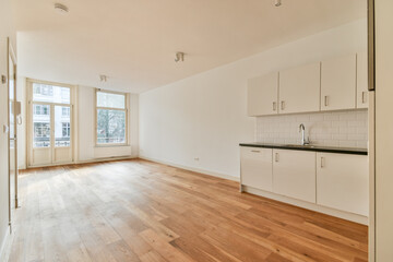 A spacious, minimalist design featuring a bright room with natural light, hardwood flooring, and a sleek kitchen area with cabinetry.