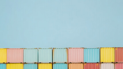Fototapeta premium Colorful cargo containers stacked against blue background create vibrant and organized scene