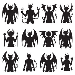 Demon devil and hell silhouettes set, large pack of Silhouette Vector Black Illustration. with white background