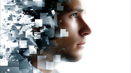 Profile of a businessman partially dissolving into pixels, symbolizing digital disruption, innovation, and adaptation in the modern business world