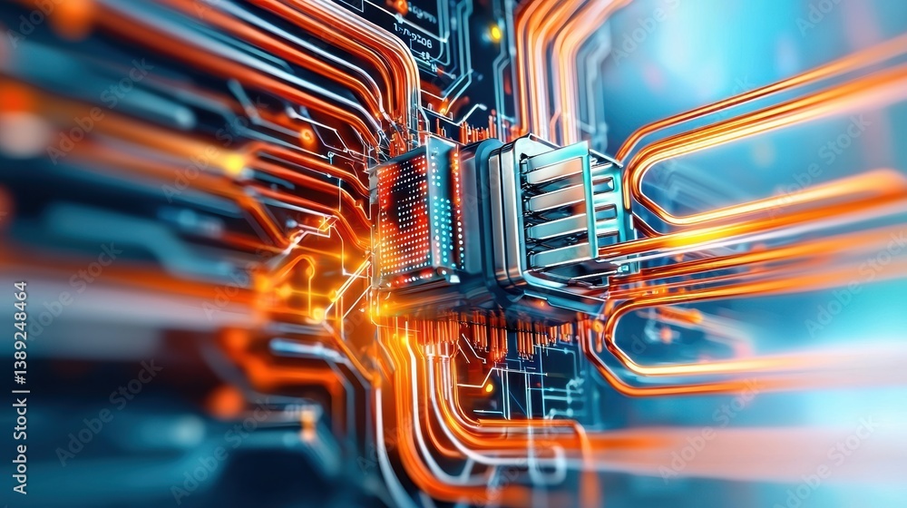 Poster Vibrant close-up of a circuit board with illuminated connections, showcasing innovation and high-tech design.