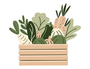 Wooden crate filled fresh grocery healthy food products from supermarket or farmer market. Vegetables, greens in zero-waste packaging for eco-friendly design. Vector illustration in organic flat style