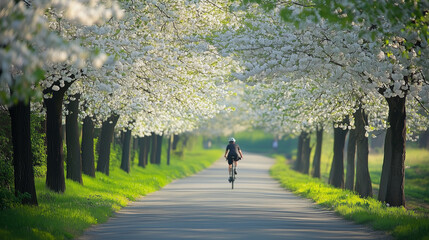 A cyclist rides down a tree lined road in the springtime