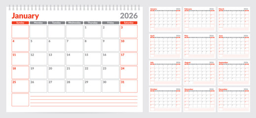 Calendar 2026 planner template. Week start on Sunday. Set of 12 months. Vector illustration