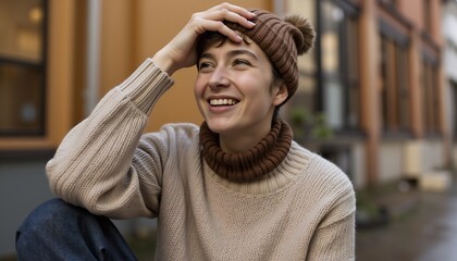 Young Woman With Beanie Smiling Outdoors Enjoying Cool Autumn Weather