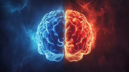 A brain illustration with electrical surges on one side and deep stillness on the other, representing manic and depressive states