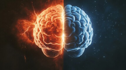 A brain illustration with electrical surges on one side and deep stillness on the other, representing manic and depressive states