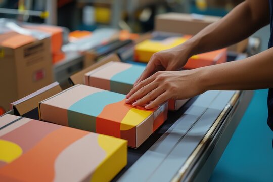 Person is working with boxes on a conveyor belt in a warehouse