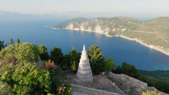 Backwards reveal drone shot of Pyramids of Exogi village in Ithaca island, Greece