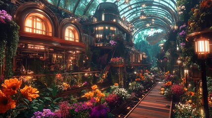 Obraz premium A vibrant steampunk industrial plant surrounded by lush magical gardens