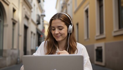 Smiling Woman Working On Laptop Outdoors With Headphones In European City