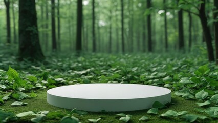 Circular platform surrounded by lush green forest with dense foliage under bright sunlight